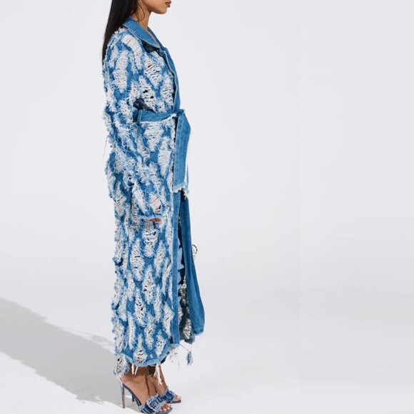 Akira Ultra Distressed Denim Trenchcoat - Picture 2 of 4